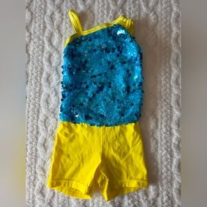 Weissman Dance Costume XSC • Blue Sequin Bodice • Yellow Shorts • Girls Jazz/Tap